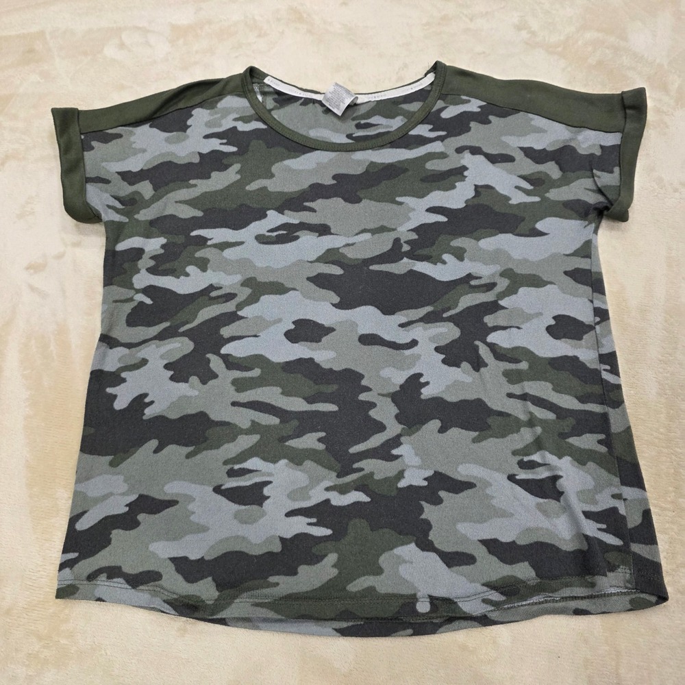 Lucky Brand Women's Size S Green Camo Short Sleeve Cuffed Knit Tee Shirt Top
